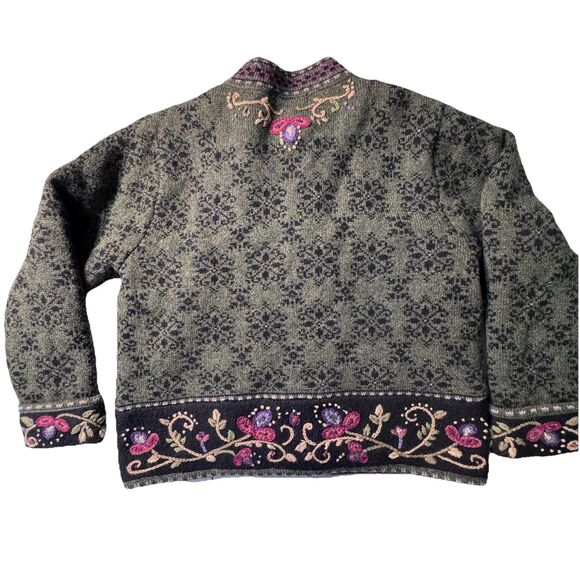 Icelandic Design Embroidered Wool Jacket Coat Womens L Green Floral Sweater Zip - Picture 3 of 13